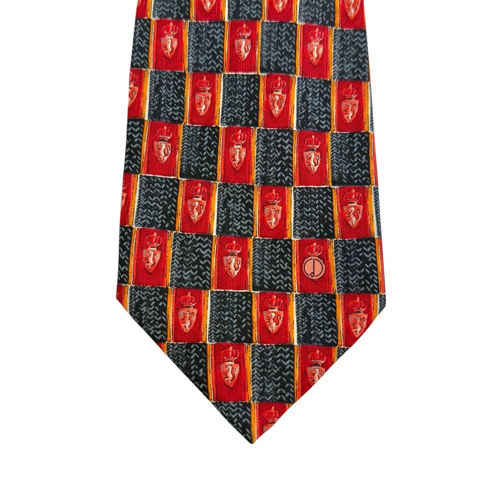 VTG Dunhill‎ 100% Silk Necktie Crest Checkerboard Crown Heraldic Red Black Gold - Picture 2 of 9